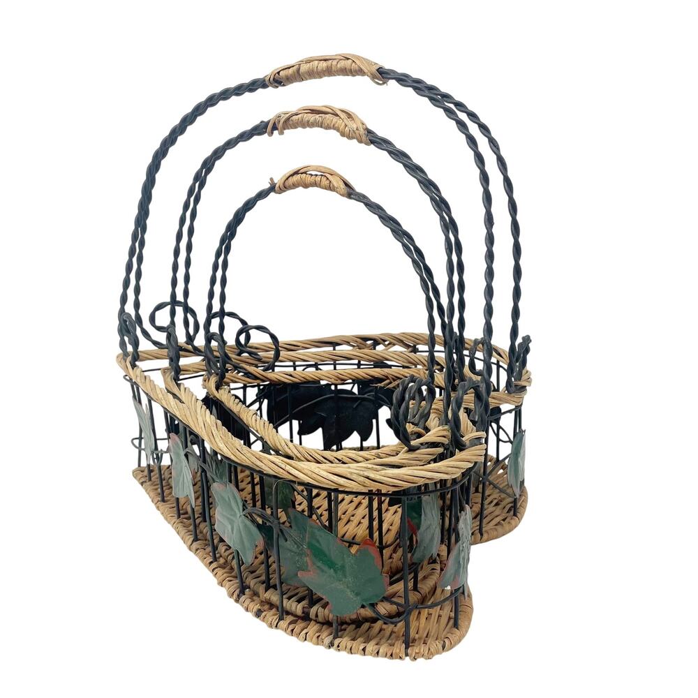 Vintage 90's Heart Shape Nesting Baskets‎ 3 Pc Twisted Handle Metal Green Ivy